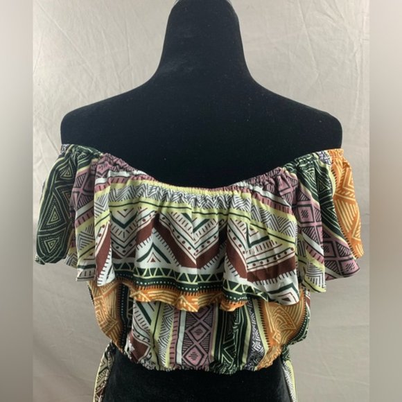 Boho Flounce Off Shoulder Geo Top & Split Thigh Pants Set - Picture 8 of 8